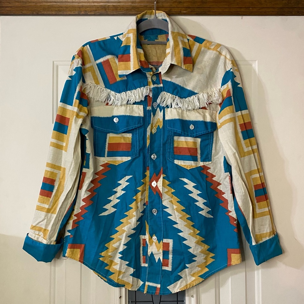 Vintage Mens Large Unisex Southwestern Frayed Tassle Long Sleeve Button Down - Picture 1 of 7